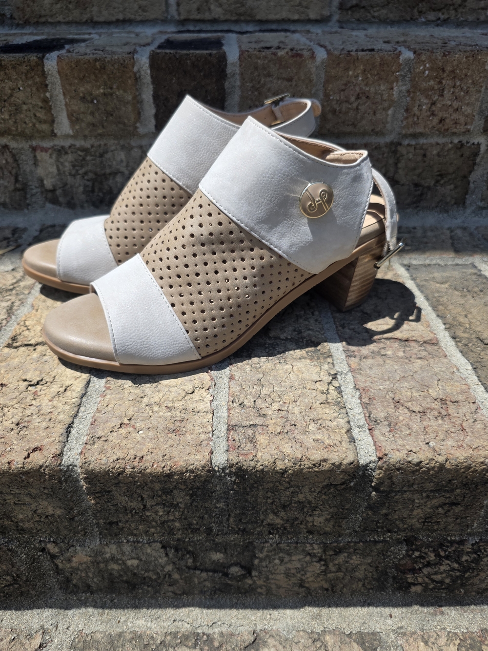 Lindsay Phillips Neutral Two-Tone Perforated Open-Toe Block Heel Sandals